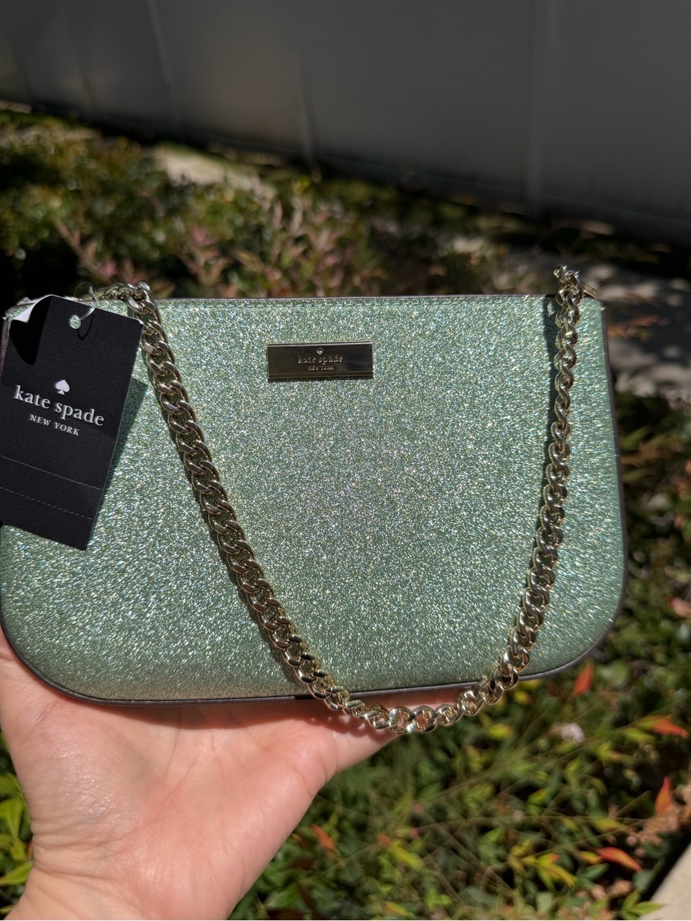Kate Spade NWT Green Sparkle Glimmer Clutch Pochette